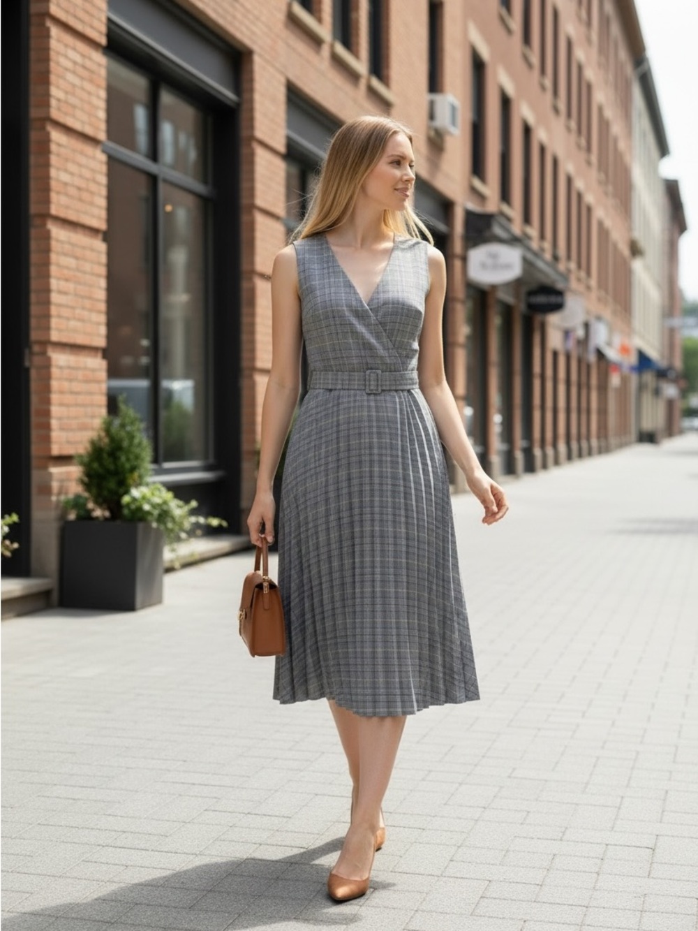 Vince Camuto Gray Plaid with Pleat and Belt Dress Size 6
